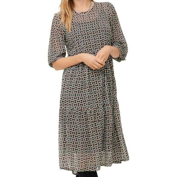 Ellos Women's Plus Black Geometric Print Sheer Overlay Tiered Dress Size 18/20 - Picture 4 of 17